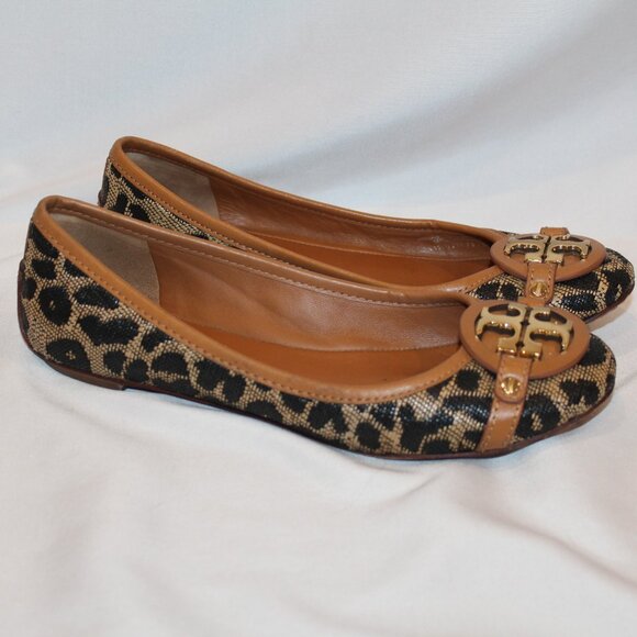PRE OWNED TORY BURCH AADEN LEOPARD‎ BALLET FLATS SZ 6.5 BLACK CHESTNUT - Picture 1 of 6